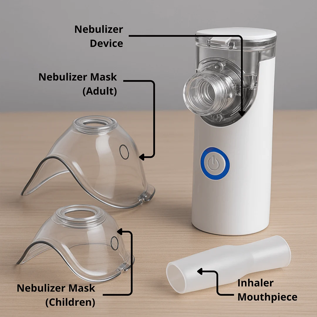 Merchant photograph of Nebu Ease with labelled mask and mouthpiece components