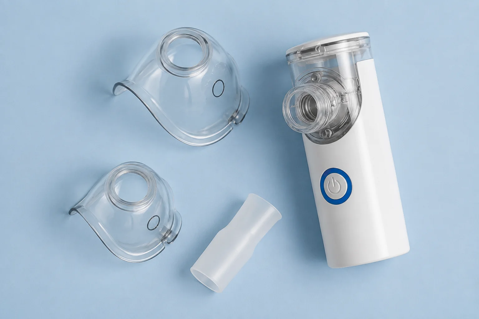 Overhead arrangement of Nebu Ease and the pictured mask and mouthpiece options; digitally created visualization