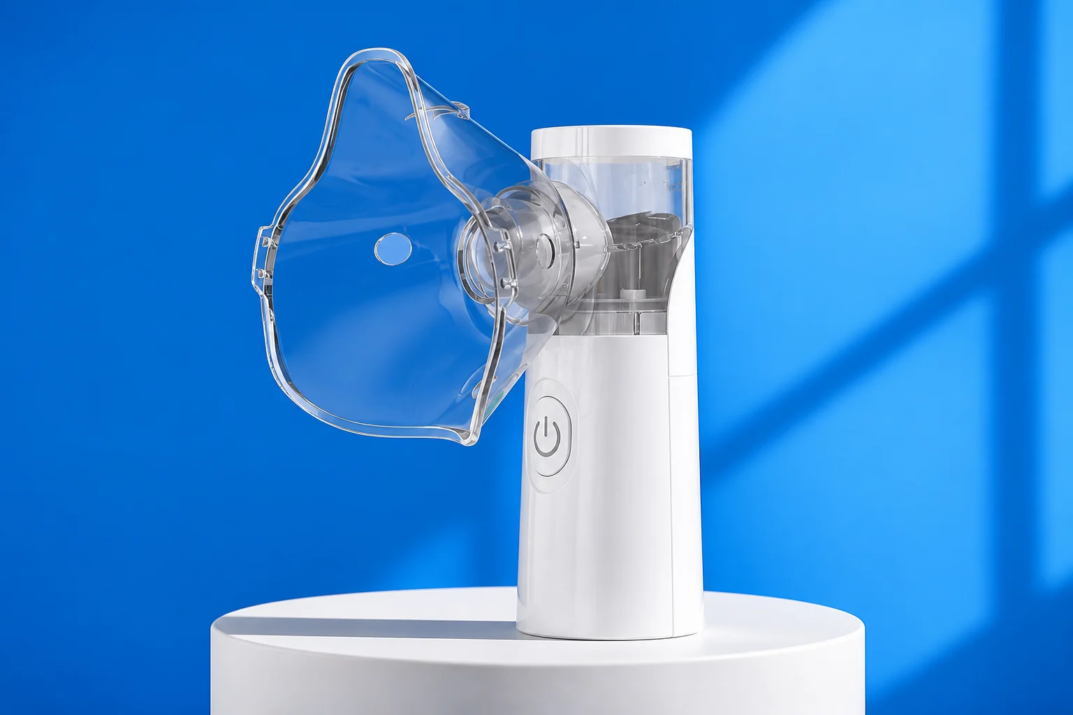 Nebu Ease on a white plinth against blue; digitally created product visualization