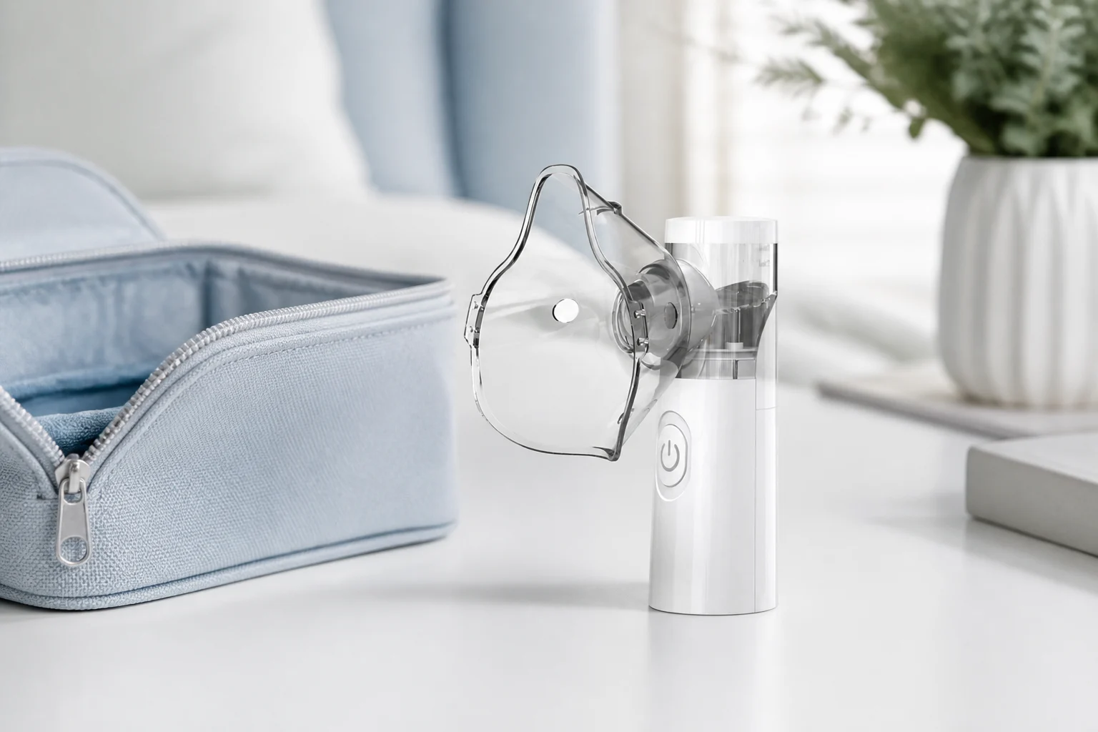 Nebu Ease beside a travel bag in a digitally created scene; bag not included